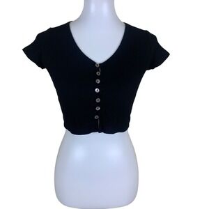 StyleAddict Black Ribbed Button Front Crop Top Y2K Baby Tee Trendy Fitted S